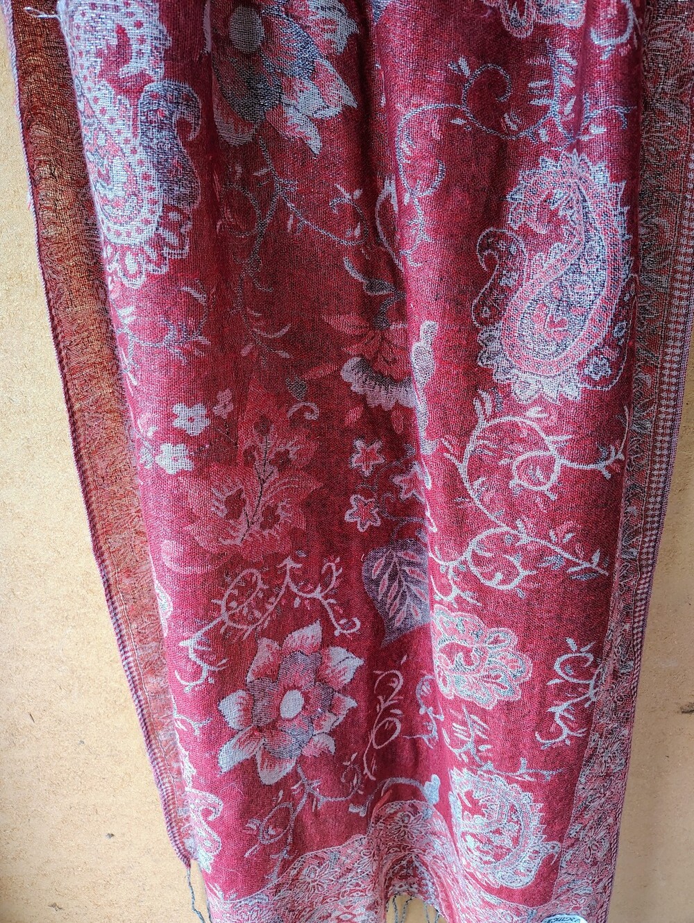 Authentic Pashmina Reversible Red Paisley Floral Woven Scarf Shawl W/ Fringe